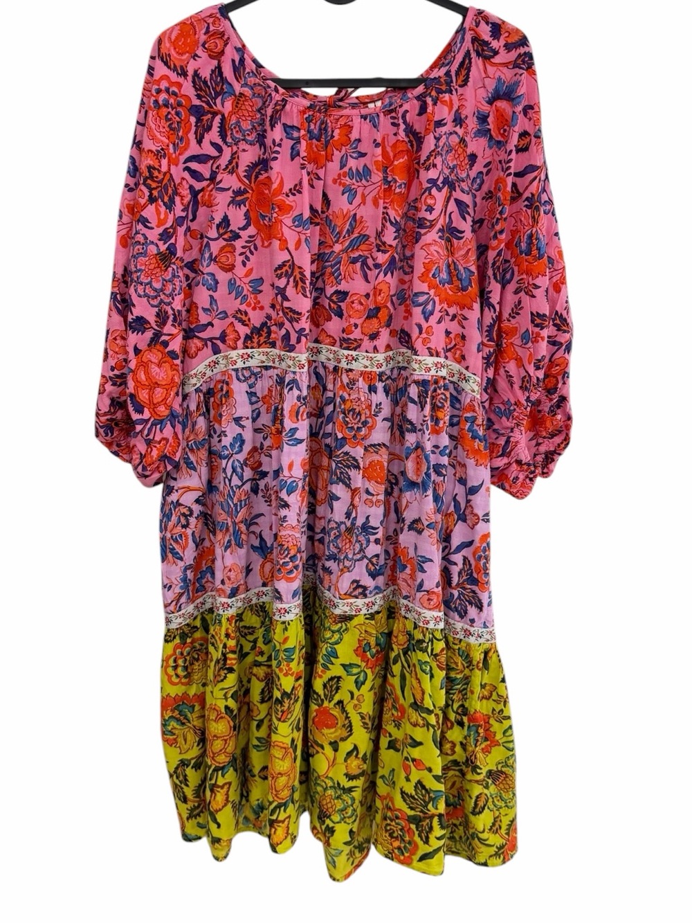 Anthropologie Mabel Floral Patchwork Boho Tiered Mini Dress in Pink size Large - Picture 5 of 6